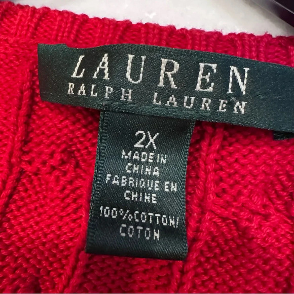 Lauren Ralph Lauren women’s Red Cable Knit Pullover cotton Sweater V Neck Sz 2X - Picture 3 of 8